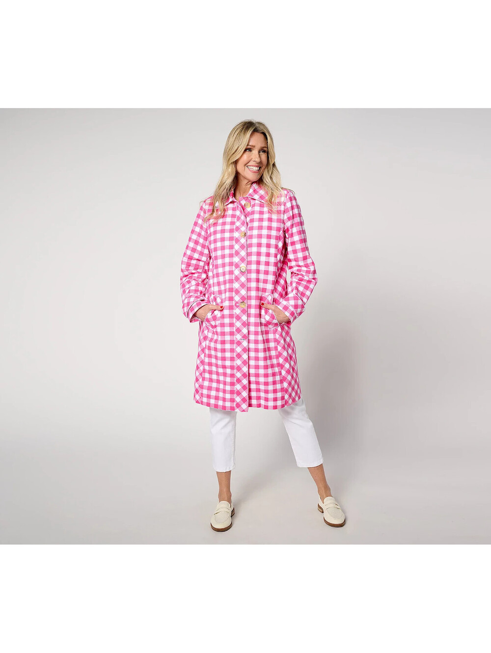 Isaac Mizrahi Live! Regular Gingham Button Front Car Coat SIZE XXS
